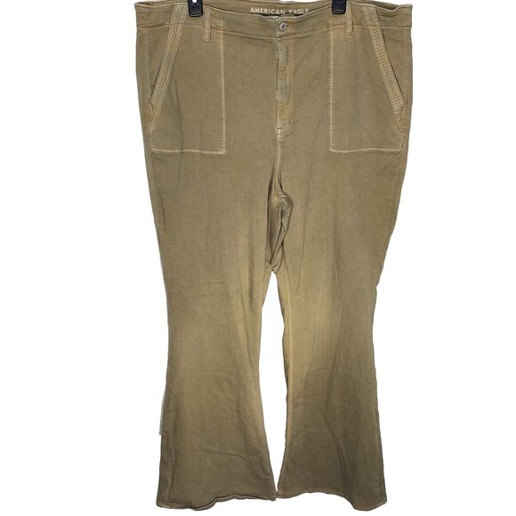 AMERICAN EAGLE Pants Super High Rise Flare Stretch Womens 22 Long Tall Tan Khaki - Picture 1 of 14